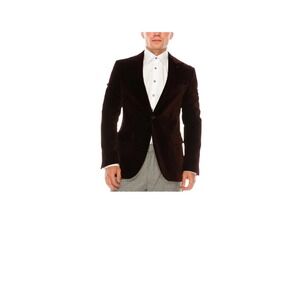 Ron Tomson Mens Modern Italian Velvet Kennedy Peak Lapel Burgundy Blazer Size 42